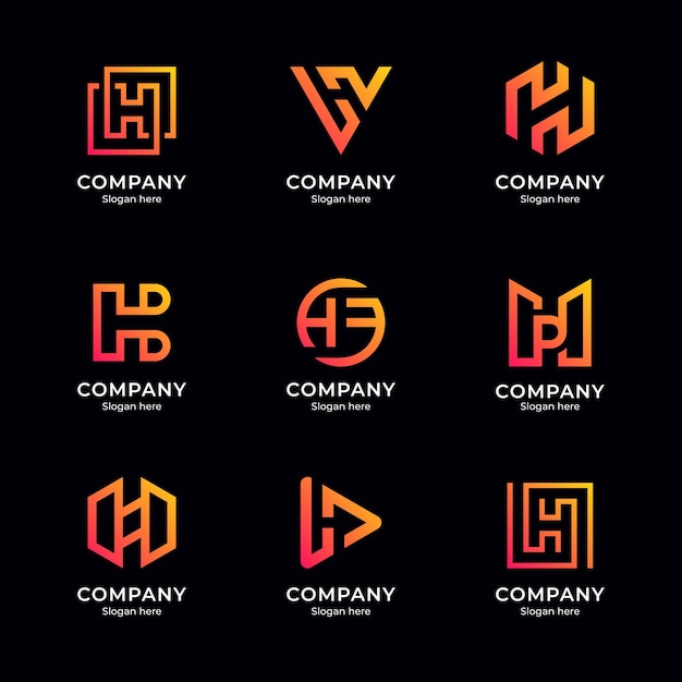 Ensemble de logo lettre h avec dégradé de couleur orange et fond noir ce logo convient à tous les cercles et aux grandes et luxueuses entreprises