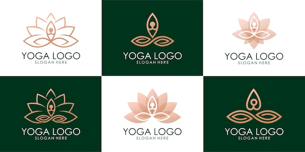 Ensemble De Logo De Lotus Combiné Humain De Yoga Doré. Vecteur Premium