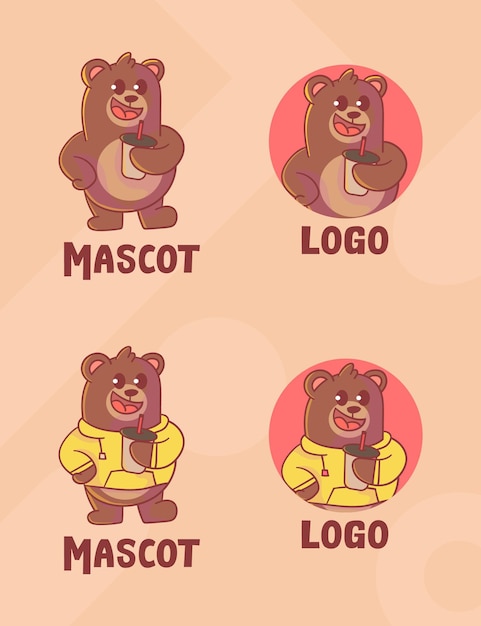 Ensemble De Logo De Mascotte De Café Ours Mignon Avec Apparence Facultative.