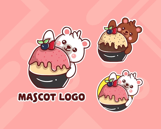 Ensemble De Logo De Mascotte Polaire De Crème Glacée Mignon Avec Apparence Facultative. Kawaii