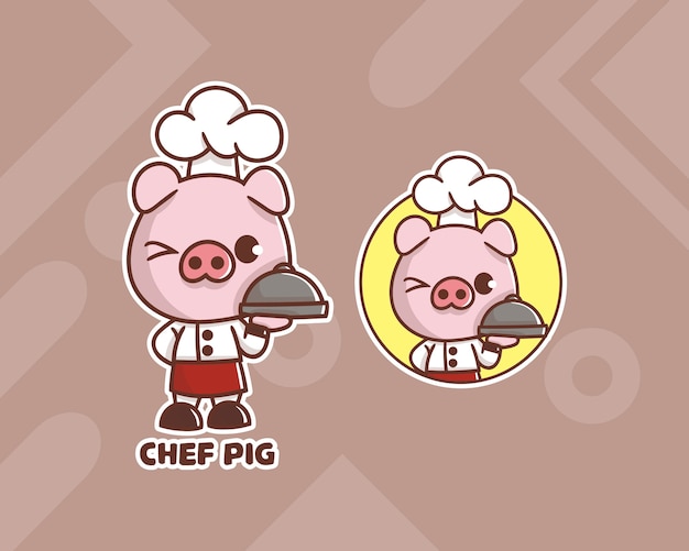 Ensemble De Logo De Mascotte De Porc Chef Mignon Avec Apparence Facultative.