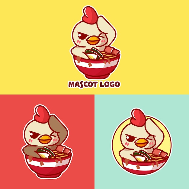 Ensemble De Logo De Mascotte De Poulet Ramen Mignon Avec Apparence Facultative.