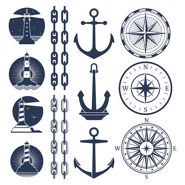 Ensemble De Logos Et D’éléments Nautiques - Chaînes D’ancrage Pour Phares à Boussole