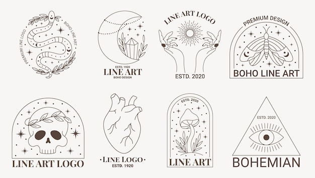 Ensemble De Logos ésotériques Doodle Mystique Boho. Icône D'art De Ligne Magique Avec Papillon, Lune, Crâne, Main, Soleil, Coeur, Lune