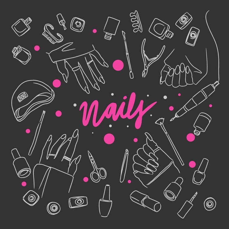 Vecteur ensemble de longs ongles avec des accessoires d'outils de manucure et de pédicure doodle fond sombre