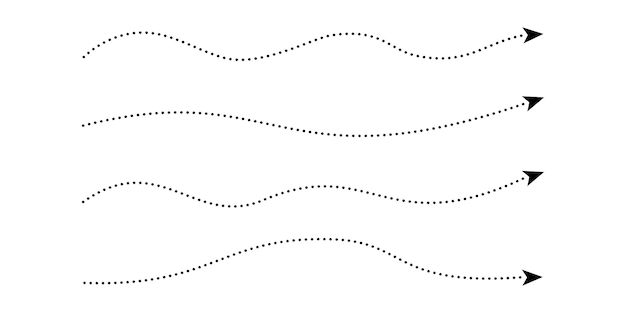 Ensemble de longues flèches pointillées noires sur fond blanc Lignes pointillées