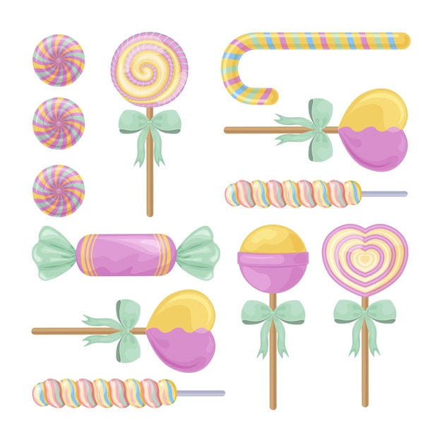 Un ensemble lumineux composé de bonbons colorés et de sucettes. Dragées de bonbons. Sucettes juteuses sur un bâton de différentes formes et tailles. bonbons de Noël. Bougies festives. Illustration vectorielle.