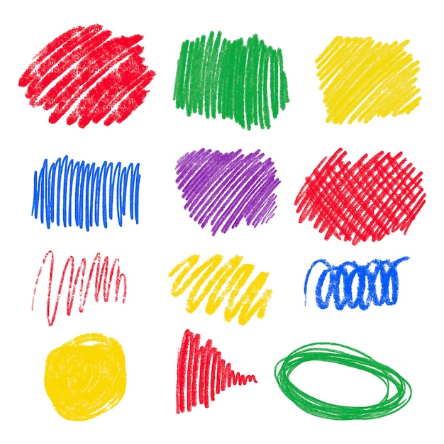Vecteur ensemble lumineux de gribouillis de crayon de cire au crayon de couleur dessinés à la main sur fond blanc