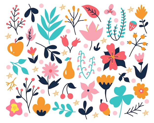 ensemble lumineux de plantes et de fleurs dessinées à la main dans le style de griffonnées décor floral vectoriel
