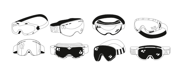 Vecteur ensemble de lunettes de neige monochromes icônes noires et blanches de lunettes de protection élégantes fournissent un bouclier de vision claire contre les vents glacés et continuent à skier ou à faire du snowboard dans un style dessin animé illustration vectorielle