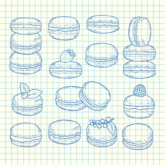 Vecteur ensemble de macarons dessinés à la main sur l'illustration de la feuille de cellule