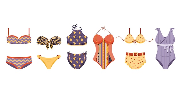 Vecteur ensemble de maillots de bain à la mode et colorés bikini maillot de bain une pièce et deux pièces