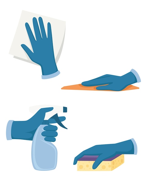 Vecteur ensemble de main dans les gants utiliser des outils de nettoyage vaporisateur éponge en caoutchouc mousse et gant de toilette illustration vectorielle plane isolé sur fond blanc