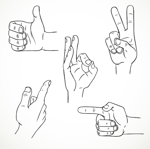 Ensemble de main dessinée linéairement avec différentes expressions