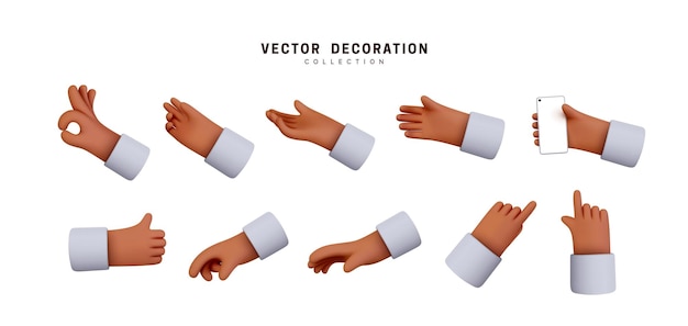 Vecteur ensemble de mains de conception 3d réaliste en style dessin animé. la main montre différents signes de gestes. illustration vectorielle