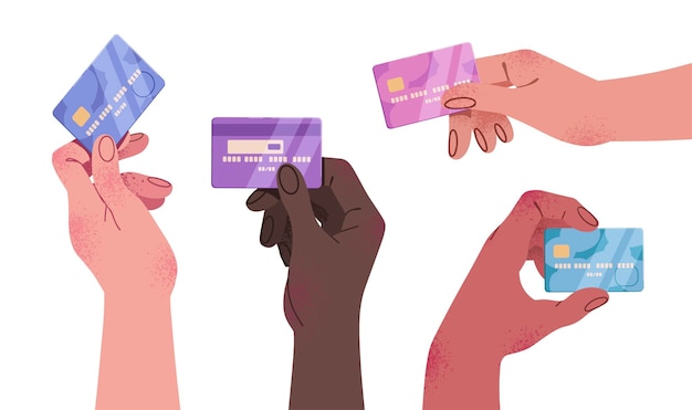 Un ensemble de mains de dessins animés tenant des cartes de crédit Une illustration de finance plate tendance isolée sur un fond blanc