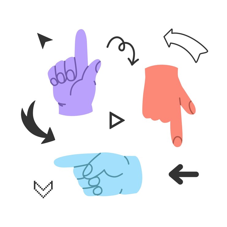 Vecteur ensemble de mains avec geste de pointe et différentes flèches flèches vectorielles et pointeurs