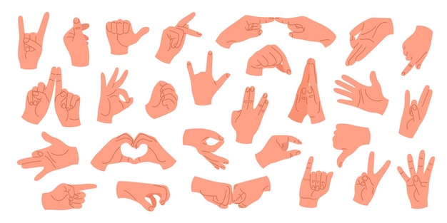 Ensemble de mains humaines avec différents gestes et positions Mains montrant des signes