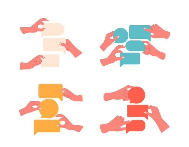 Vecteur ensemble de mains humaines tenant des bulles colorées avec différentes tailles et formes prêtes pour les conversations sur les médias sociaux