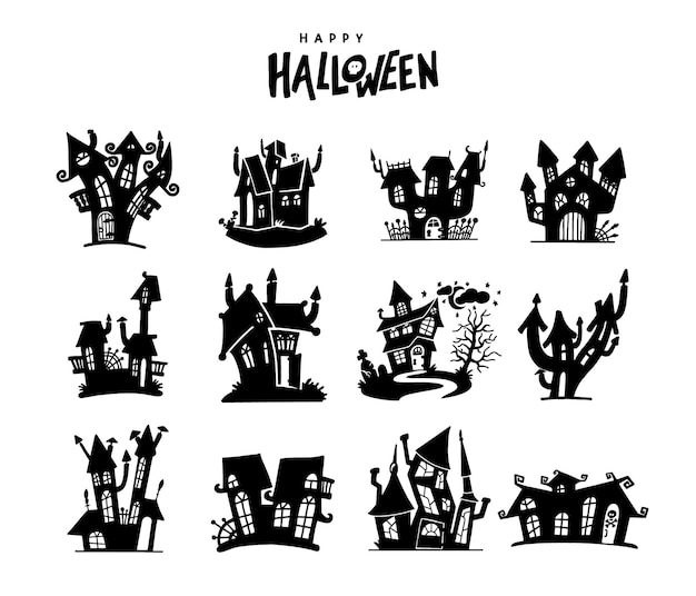 Ensemble de maison hantée d'Halloween Collection de maison hantée Silhouette noire dessinée à la main du château du manoir fantôme de la maison hantée