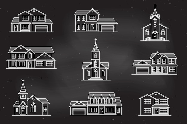 Vecteur ensemble de maisons américaines de banlieue avec icône de fine ligne vectorielle