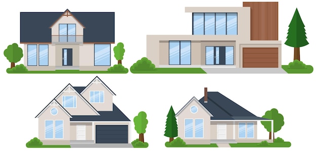 Ensemble De Maisons De Dessin Animé Extérieur De La Vue De Face De La Maison D'habitation Illustration Vectorielle