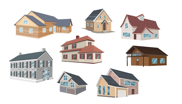 Un ensemble de maisons de dessins animés dans différents styles architecturaux.