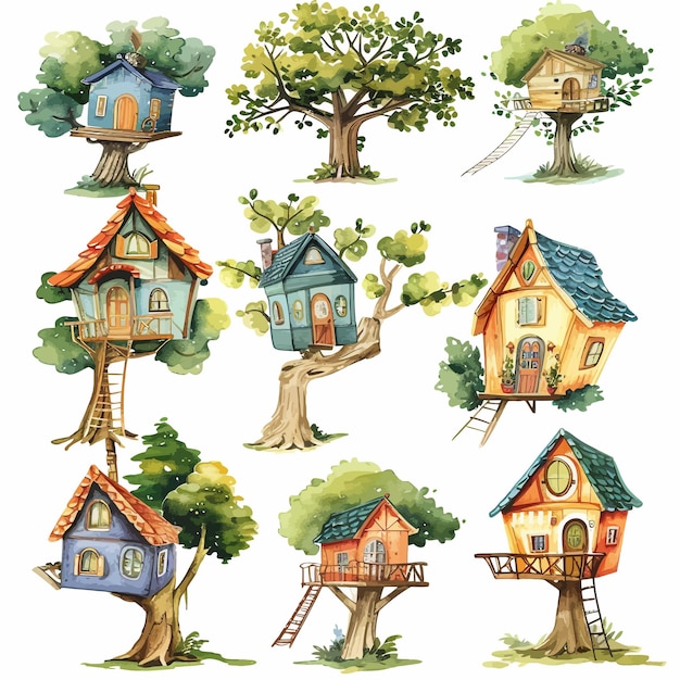 Vecteur ensemble de maisons isolées pour enfants sur les arbres