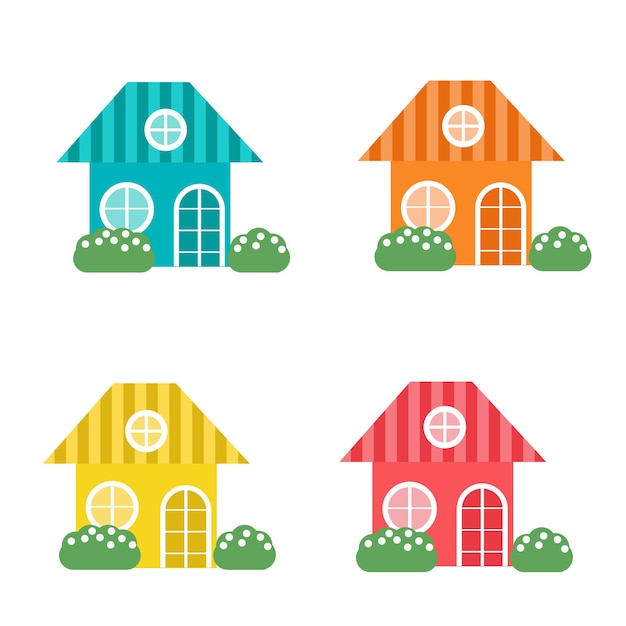 Ensemble De Maisons Mignonnes Multicolores Isolées Sur Fond Blanc. Illustration Vectorielle