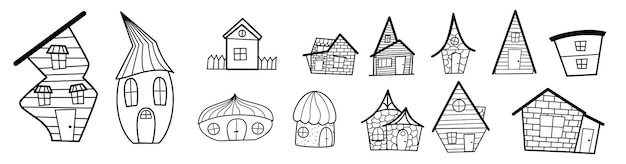 Un Ensemble De Maisons Noires Et Blanches Dans Le Style D'un Doodle Sur Fond Blanc