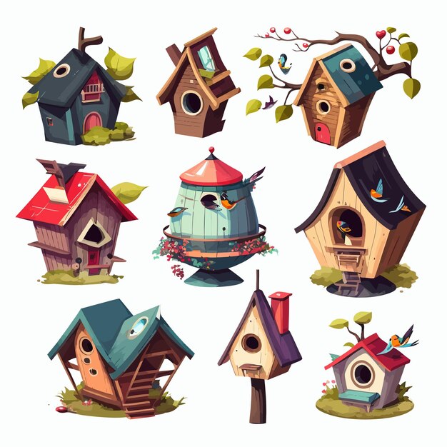 Ensemble de maisons d'oiseaux en bois isolées sur fond Illustration vectorielle plane de dessin animé