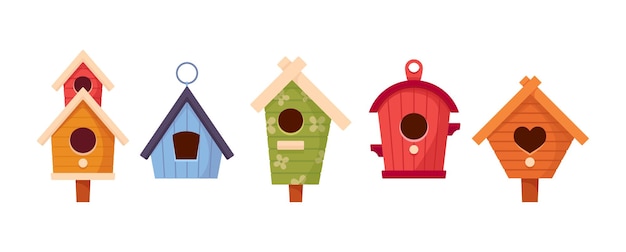 Ensemble de maisons d'oiseaux en bois, mangeoires colorées de conception différente avec toit en pente. Nichoirs, maison ou nid avec des trous ronds, arqués ou en cœur Sweet Homes. Illustration de vecteur de dessin animé, icônes, clipart