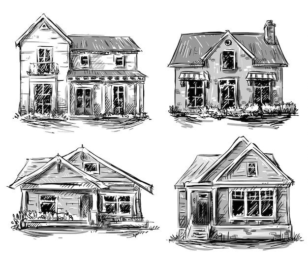 Ensemble de maisons privées, dessinés à la main, dessin vectoriel noir et blanc