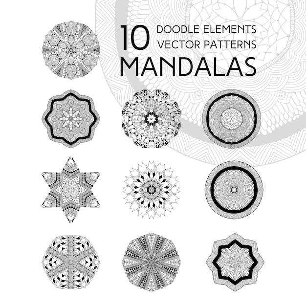 Vecteur ensemble de mandalas noirs et blancs