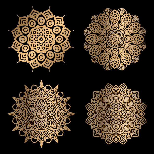 Un ensemble de mandalas d'or sur fond noir