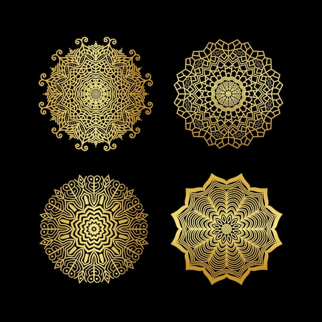 Un ensemble de mandalas d'or sur fond noir