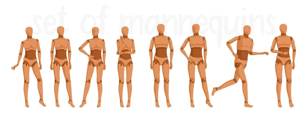 Vecteur ensemble de mannequin de corps complet dans diverses positions collection de mannequin féminin sans vêtements dessin animé mignon modèle humain conception équipement de couturière isolé sur fond blanc illustration vectorielle