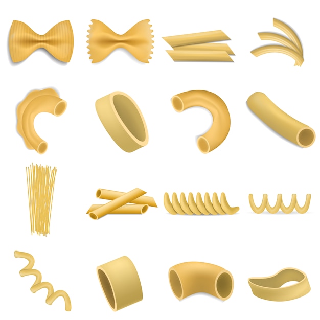 Ensemble de maquette de penne de pâtes Fusilli. Illustration réaliste de 16 maquettes de penne de fusilli pour le web
