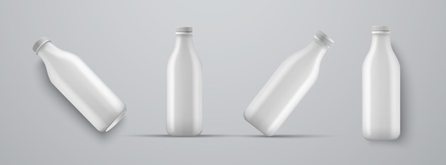 Vecteur ensemble de maquettes de bouteilles blanches en plastique pour le kéfir, le lait, le yaourt et d'autres boissons. modèles pour la présentation de la conception d'étiquettes.