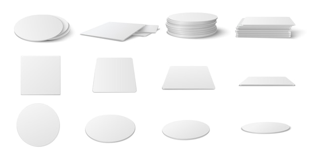 Ensemble de maquettes de sous-verres de table ronds et carrés réalistes. Sous-bock cercle et carré, ensemble de modèles vides bierdeckel isolé sur fond blanc.