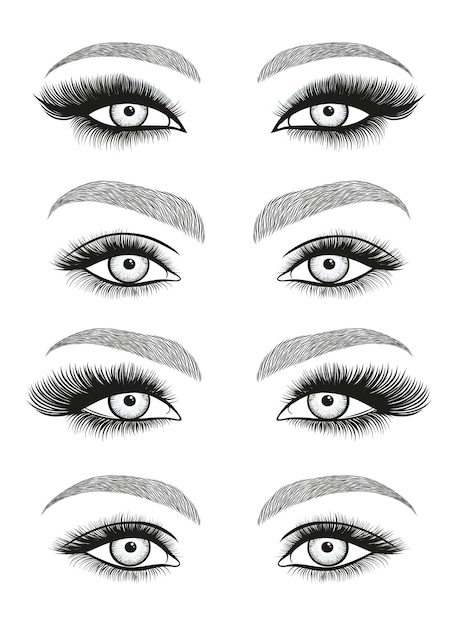 Ensemble De Maquillage Décoratif Stylisé Yeux Dessinés à La Main Avec De Longs Cils épais Et Des Sourcils Parfaits