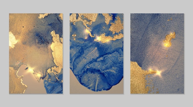 Ensemble en marbre d'arrière-plans abstraits bleu marine et or avec des paillettes dans la technique d'encre à l'alcool