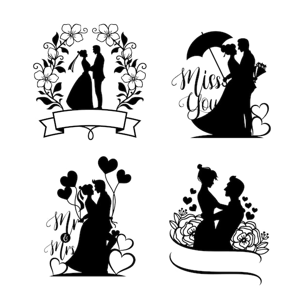 Ensemble de mariée et le marié silhouette illustration couple heureux célébrant le mariage