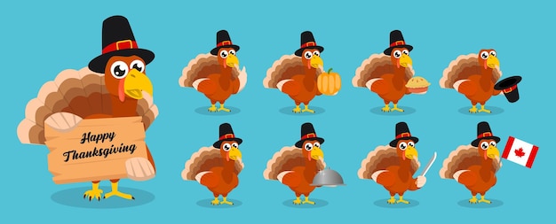 Ensemble De Mascotte De Turquie D'illustration De Conception De Jour De Thanksgiving