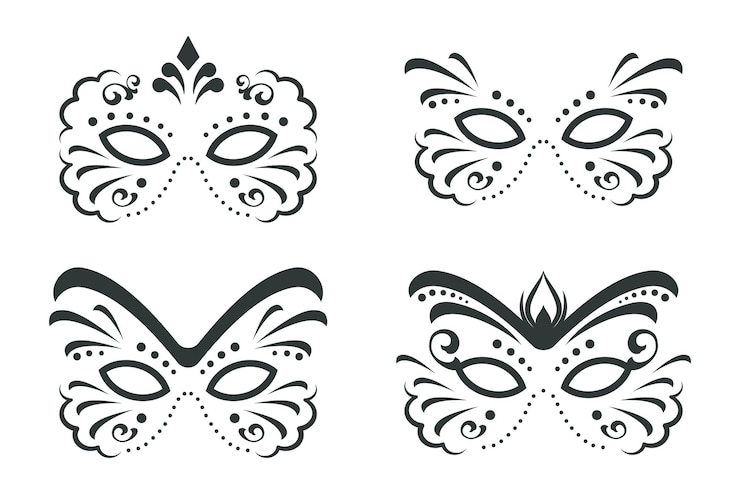 Vecteur ensemble de masque de carnaval noir isolé sur fond blanc collection de masques vénitiens traditionnels symbole visage dessiné à la main dans un style linéaire illustration vectorielle pour les vacances de carnaval mardi gras