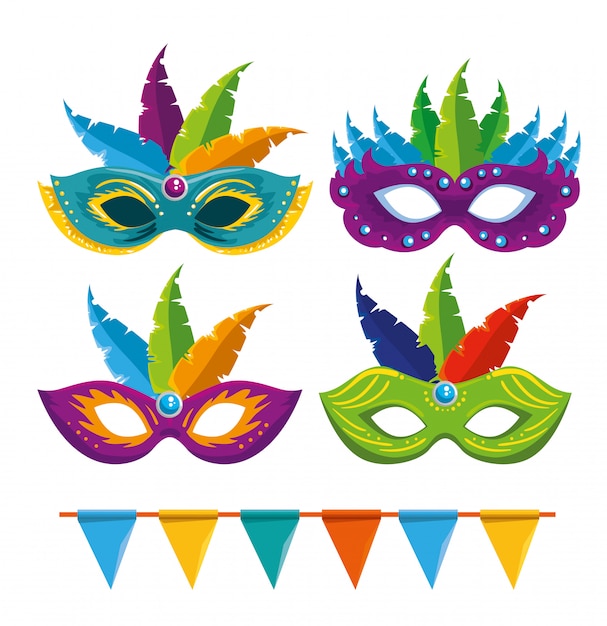 Vecteur ensemble de masques de carnaval avec décoration de plumes et bannière de fête