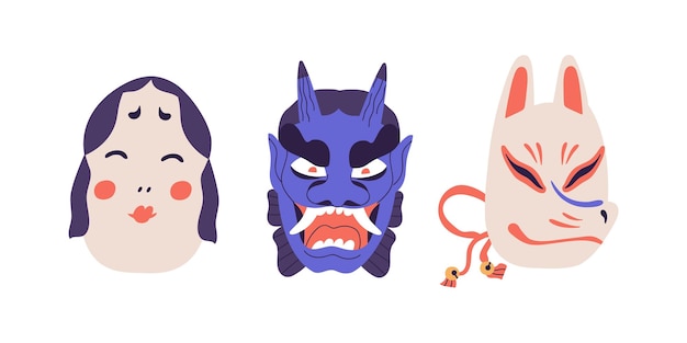 Vecteur ensemble de masques de théâtre noh rituels japonais traditionnels avec des visages d'okame, de kitsune et de diable bleu. illustration de vecteur plat coloré isolé sur fond blanc.