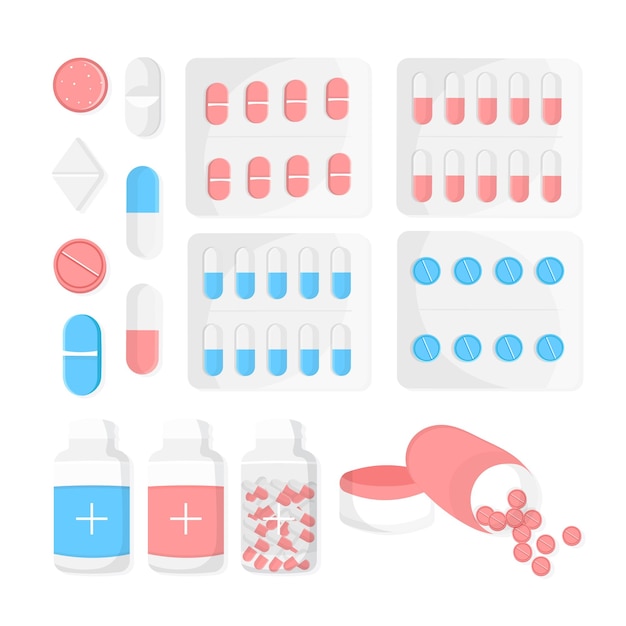 Vecteur ensemble médical avec des pilules dans un emballage en plastique. icône plate isolée sur fond blanc.