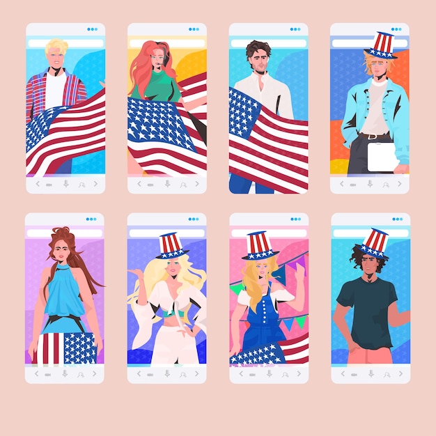 Ensemble Mélanger Les Gens De La Course Dans Des Chapeaux De Fête Avec Des Drapeaux Américains Célébrant, Le 4 Juillet, Les écrans De Smartphone De La Fête De L'indépendance Américaine