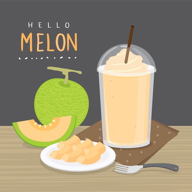 Ensemble De Melons Japonais Frais, Melon Orange Ou Melon Cantaloup Avec Smoothie. Illustration De Dessin Animé